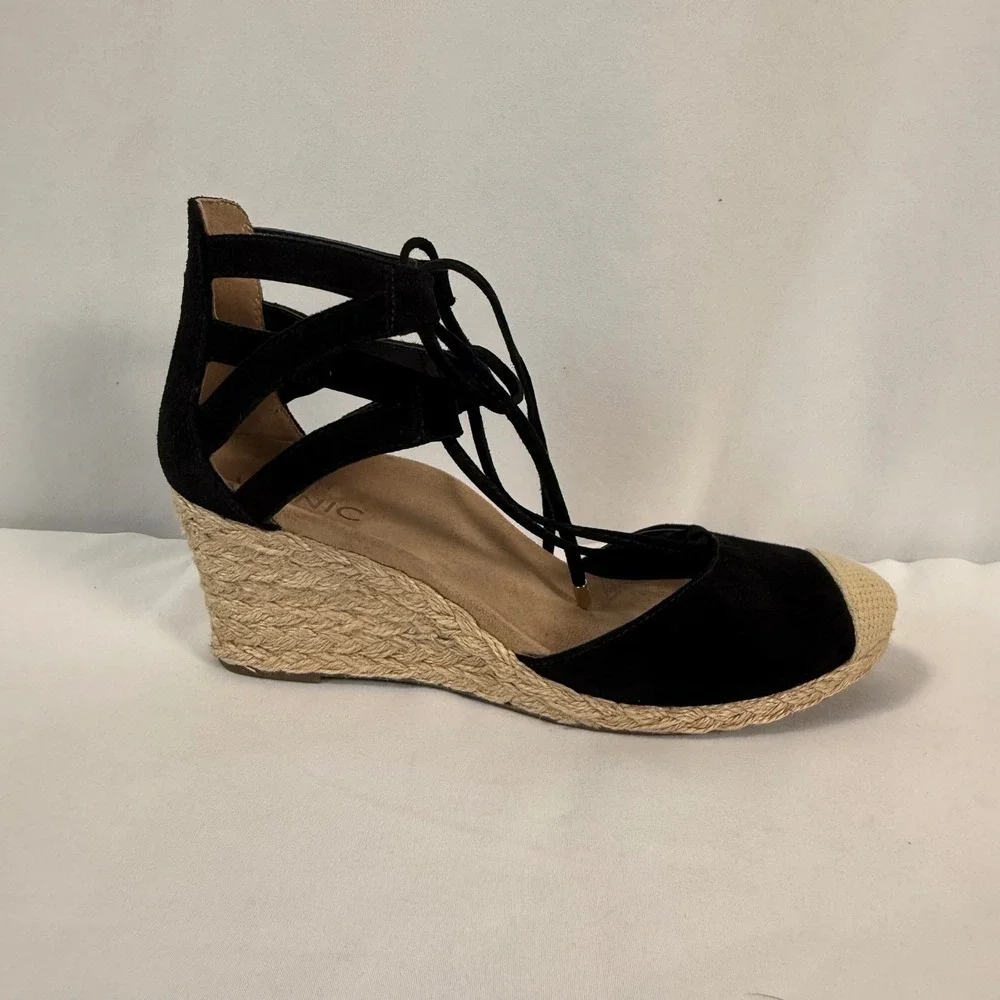 Vionic Calypso Black Suede Espadrille Wedge‎ Sandals Lace Up Cap Toe Women's 7.5